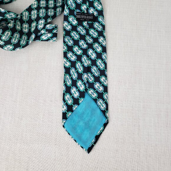 Emilio Pucci Silk Tie Black Teal Geometric Vintage Italy Saks Fifth Ave - Picture 3 of 7